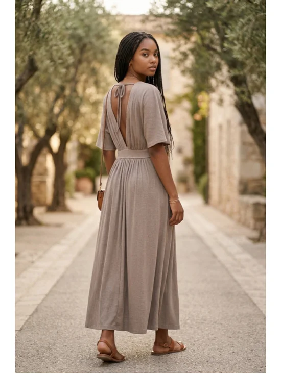 EUC Women's MUMO Taupe Ribbed V-Neck Maxi Dress with Open Back, Size L - Picture 2 of 11